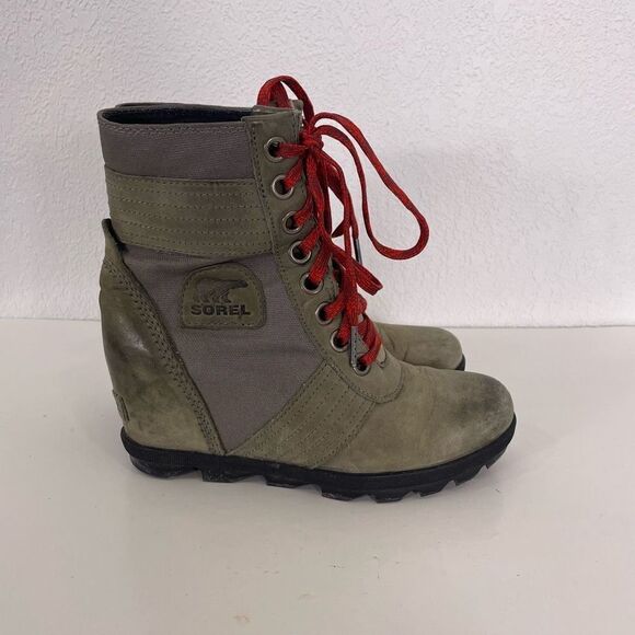 Sorel Light Green with Red Lace Up Mid Calf Wedge Booties - Picture 2 of 8